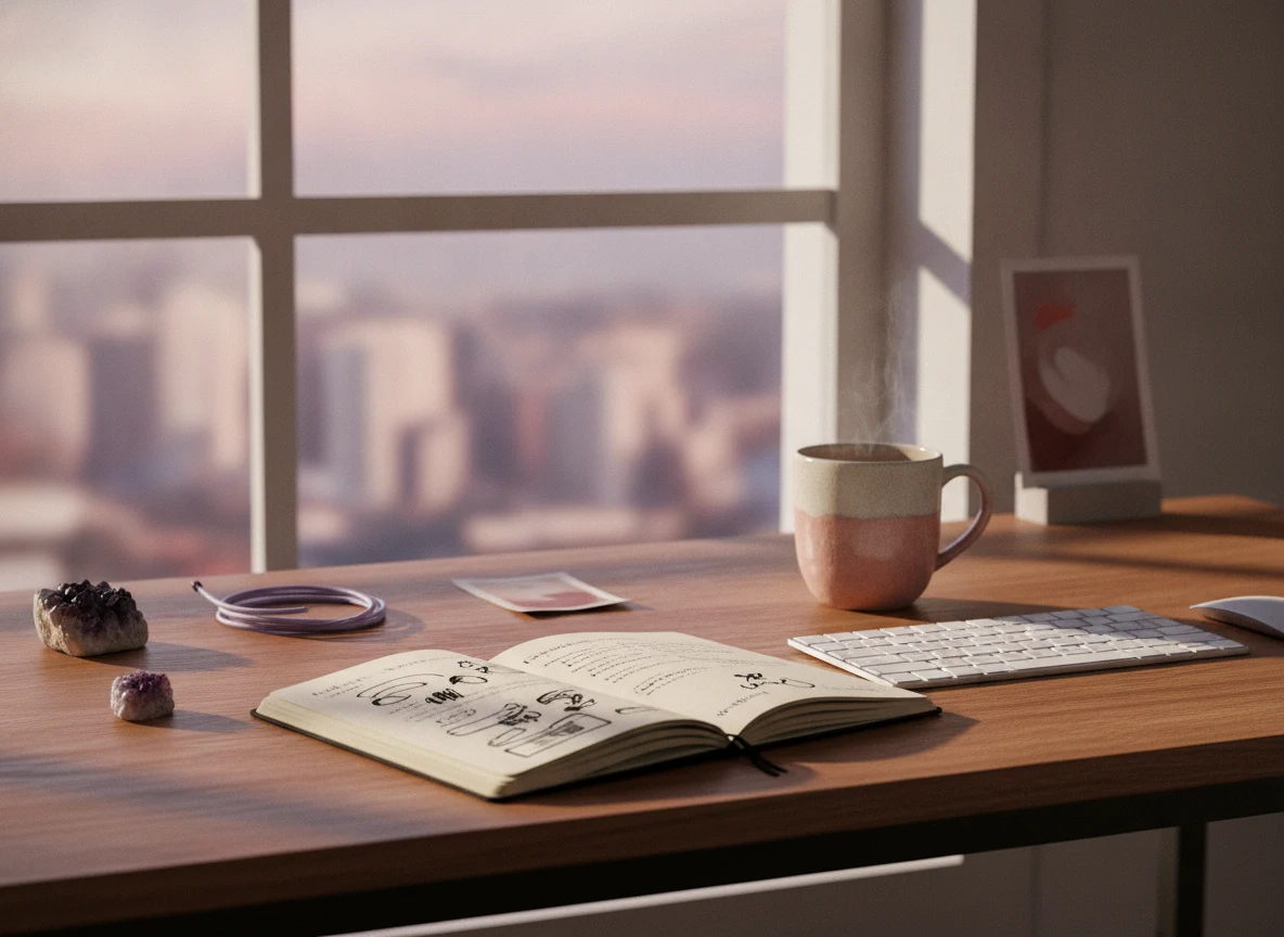Home-Office-Arbeitsplatz mit Notizbuch und Laptop