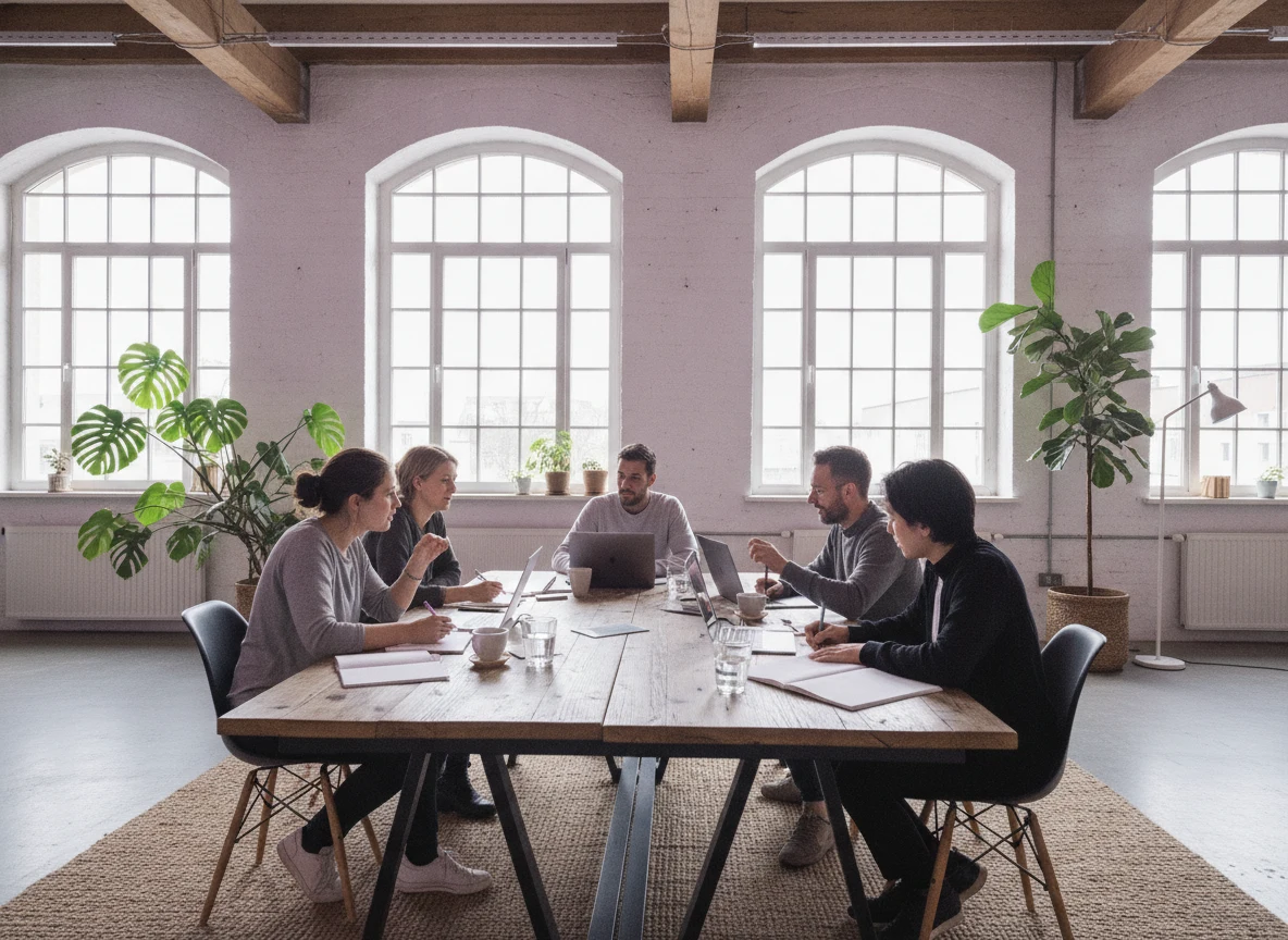 Redaktionelles Team bei der gemeinsamen Arbeit im Coworking